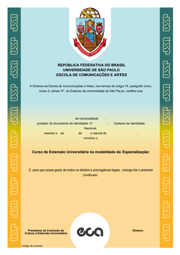 Modelo oficial de certificado emitido pela Escola de Comunicações e Artes da Universidade de São Paulo