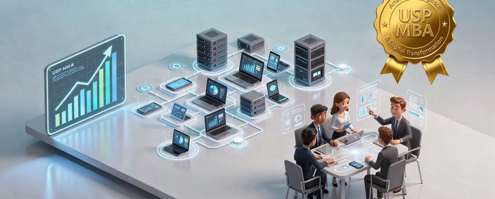 Profissional em ambiente corporativo orientado por tecnologia e dados