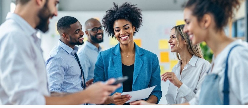 Profissionais de diferentes áreas em ambiente corporativo
