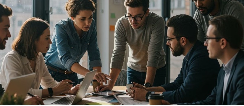 Profissionais colaborando em ambiente de trabalho